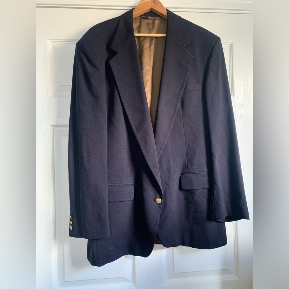 KAPS Men’s Navy Blue Blazer 44R – 2-Button Gold Buttons, 100% Wool(flawed)